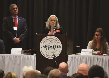 Lancaster attorney Christina Parsons speaks after receiving the endorsement for one of three Court of Common Pleas positions during the Lancaster GOP endorsement convention on Feb. 14.